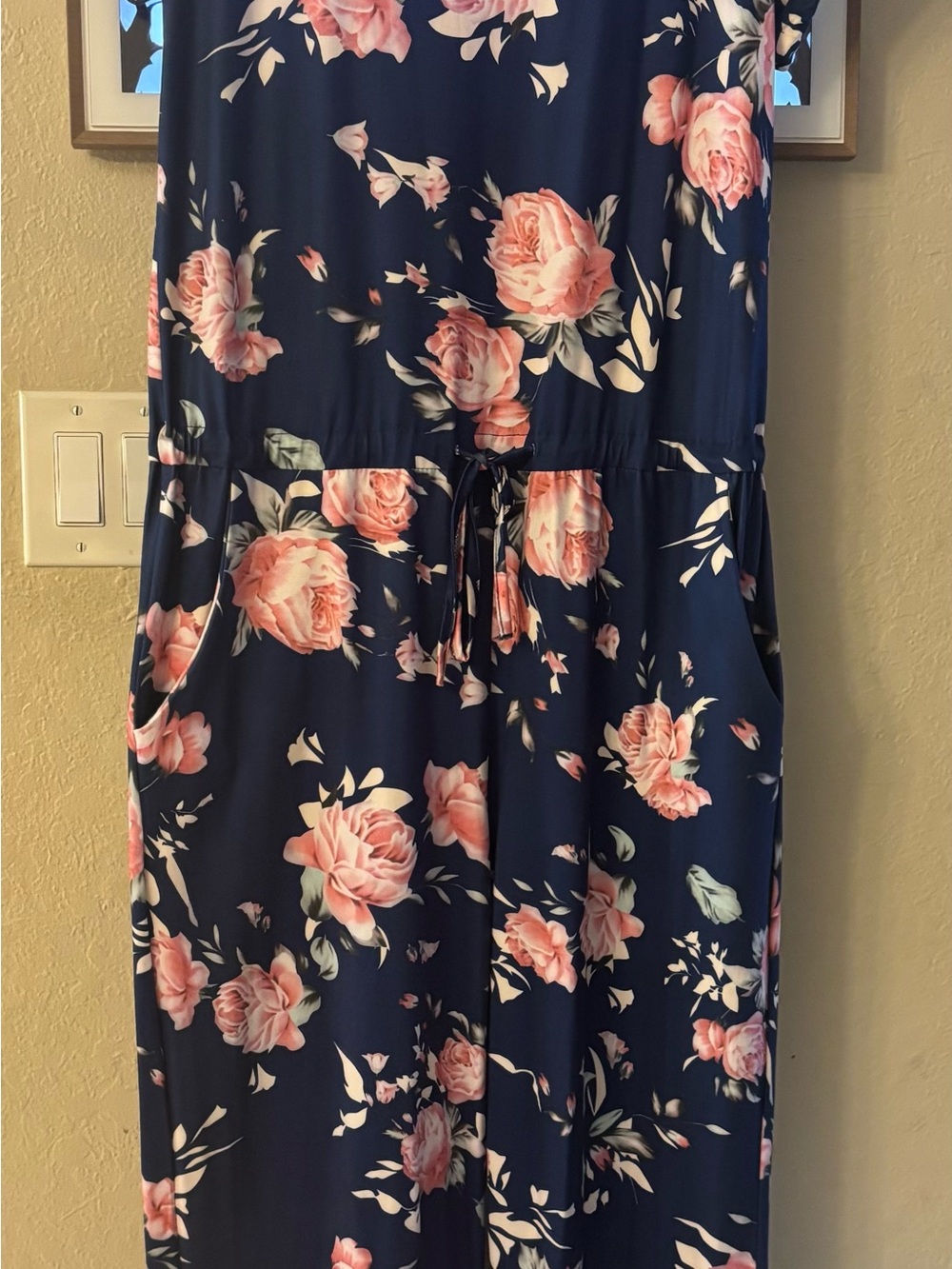 Amazon Navy Jumpsuit with Pink Floral Print and Drawstring Waist